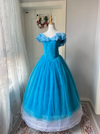 Fairytale Sweet 16 Dress Princess Ball Gown Off Shoulder Blue With Sleeves Floor‑Length Quinceanera Dresses RC0816