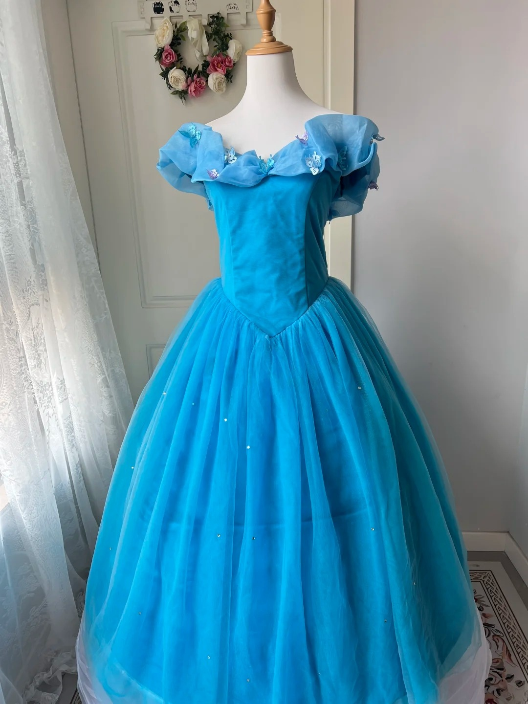 Fairytale Sweet 16 Dress Princess Ball Gown Off Shoulder Blue With Sleeves Floor‑Length Quinceanera Dresses RC0816