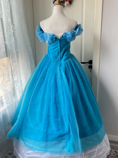 Fairytale Sweet 16 Dress Princess Ball Gown Off Shoulder Blue With Sleeves Floor‑Length Quinceanera Dresses RC0816