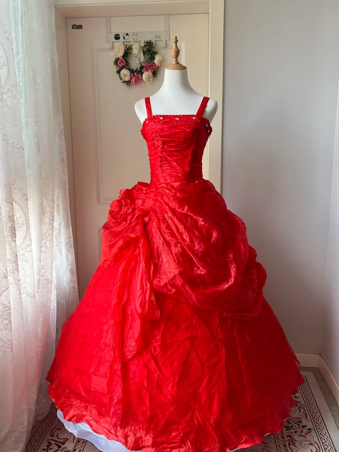 Sweet 16 Quinceanera Dress Red Tiered Ball Gown Spaghetti Straps With Ruffled Birthday Party Gown RC0817