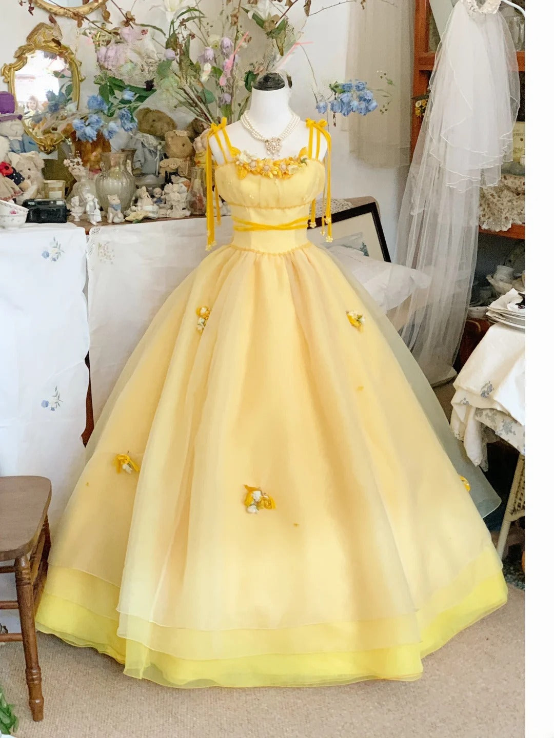 Sweet 16 Dress Ball Gown Yellow Spaghetti Straps With Flowers Vestido De 15 Sweet Sixteen Dress RB9587