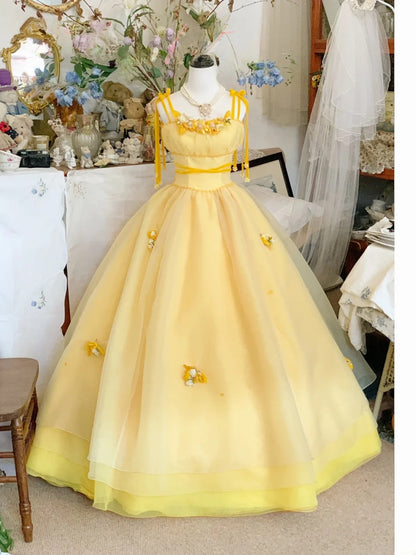 Sweet 16 Dress Ball Gown Yellow Spaghetti Straps With Flowers Vestido De 15 Sweet Sixteen Dress RB9587