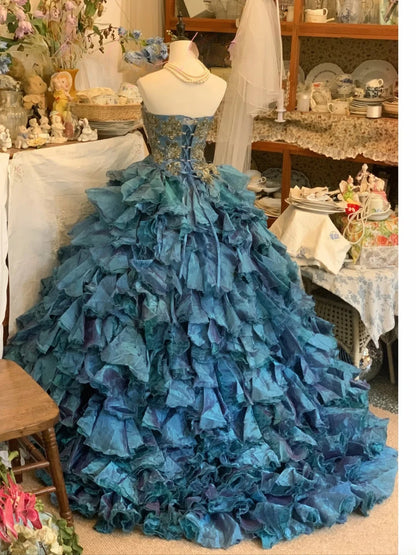 Sweet 16 Dress Ball Gown Blue Strapless With Gold Lace Tiered Vestido De 15 Sweet Sixteen Dress RB9588