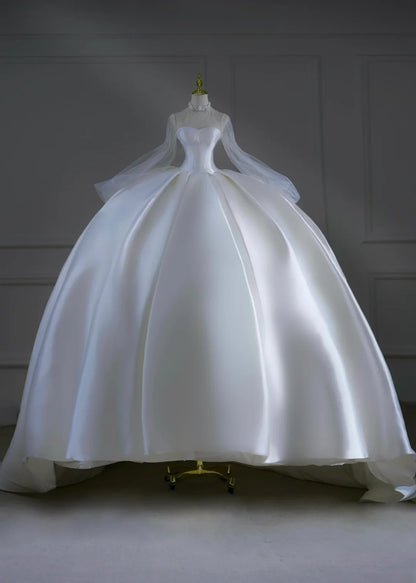 Princess Long Wedding Gowns Ball Gown High Neck Long Sleeves Pleated Satin for Bride With Train White Bridal Dress AS507