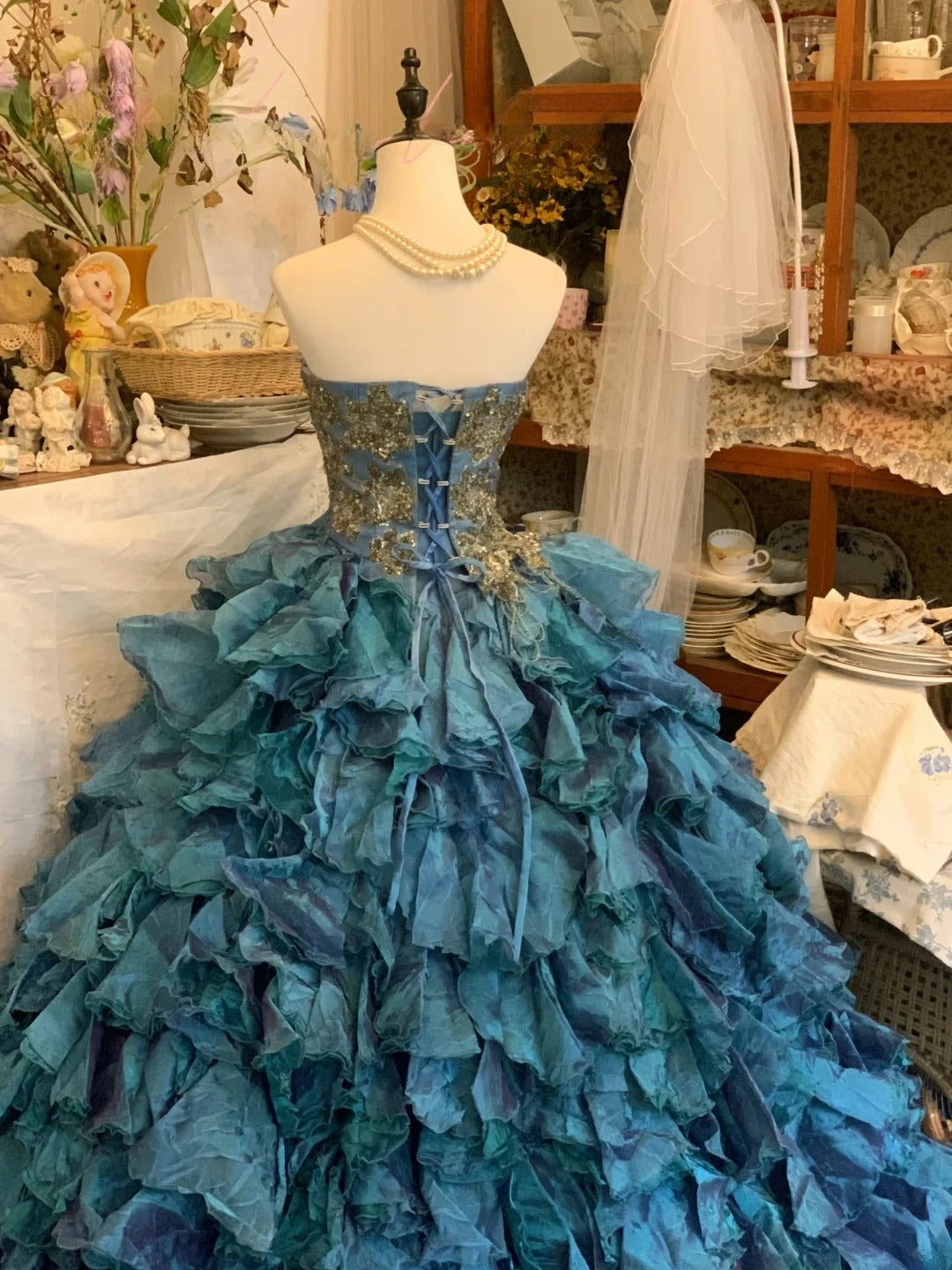 Sweet 16 Dress Ball Gown Blue Strapless With Gold Lace Tiered Vestido De 15 Sweet Sixteen Dress RB9588