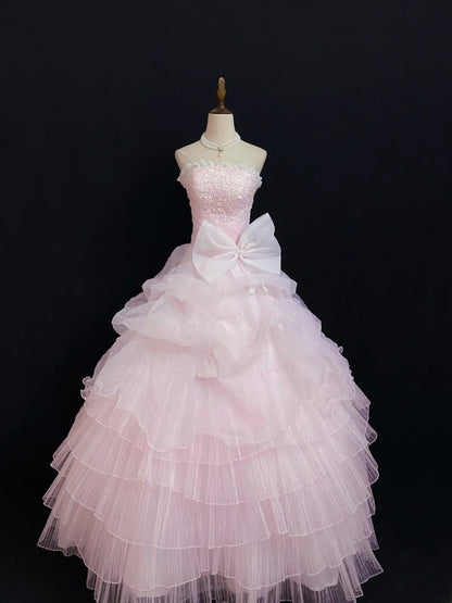 Princesses Fairytale Ball Gown Strapless Tulle Pink Lace Long Quince Dress Quinceanera Dresses Formal Birthday Outfits RB7967