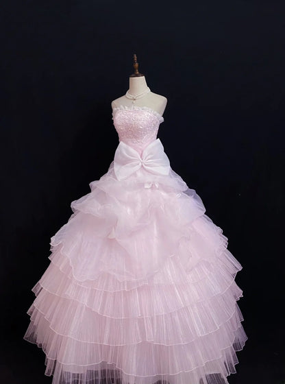 Princesses Fairytale Ball Gown Strapless Tulle Pink Lace Long Quince Dress Quinceanera Dresses Formal Birthday Outfits RB7967
