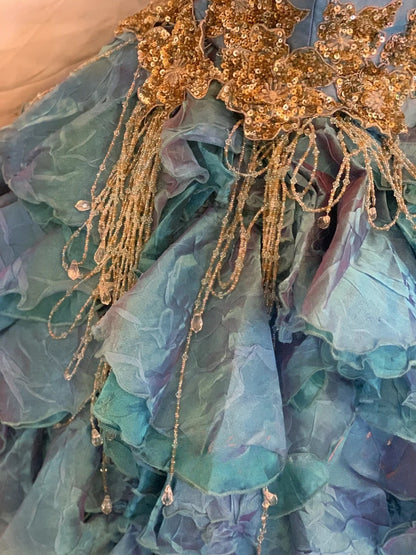 Sweet 16 Dress Ball Gown Blue Strapless With Gold Lace Tiered Vestido De 15 Sweet Sixteen Dress RB9588