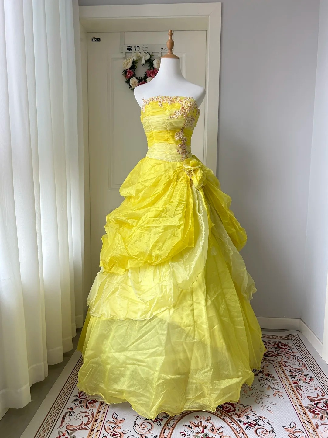 Fairytale Sweet 16 Princess Gown Strapless Yellow Lace Tiered Ruffled Skirt With Folded Floor‑Length RC0820
