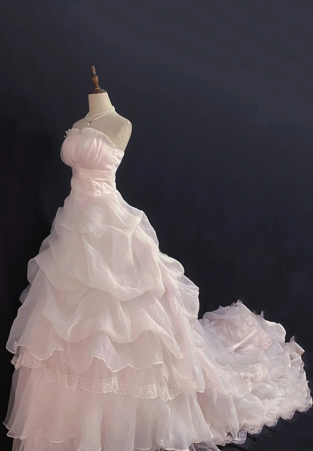 Princesses Fairytale Ball Gown Strapless Tulle Pink Lace Long With Train Quince Dress Quinceanera Dresses Formal Birthday Outfits RB7969