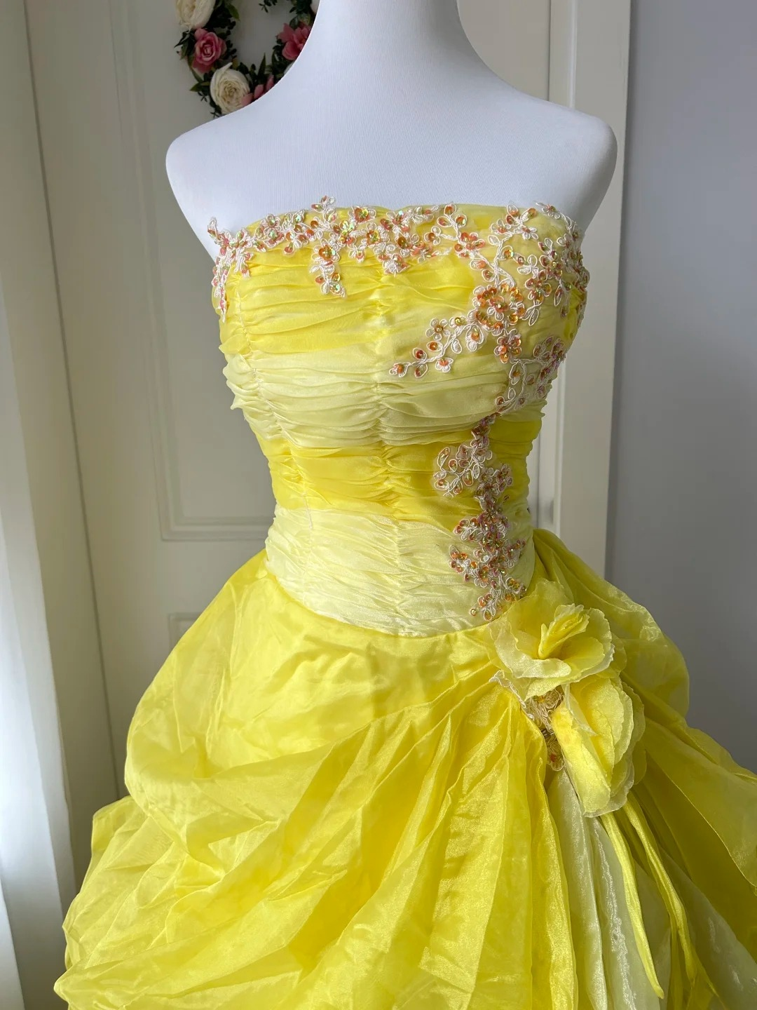 Fairytale Sweet 16 Princess Gown Strapless Yellow Lace Tiered Ruffled Skirt With Folded Floor‑Length RC0820
