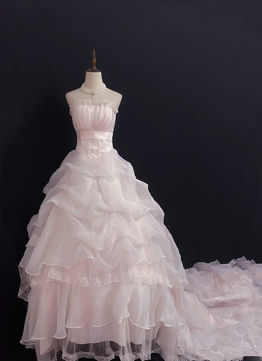 Princesses Fairytale Ball Gown Strapless Tulle Pink Lace Long With Train Quince Dress Quinceanera Dresses Formal Birthday Outfits RB7969