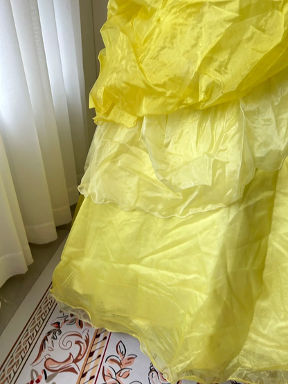 Fairytale Sweet 16 Princess Gown Strapless Yellow Lace Tiered Ruffled Skirt With Folded Floor‑Length RC0820