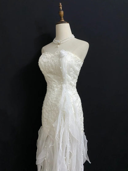 Vintage 80s Sheath Strapless Sleeveless White Tulle With Layers Brides Gown Bridal Dress Wedding Dresses RB8019