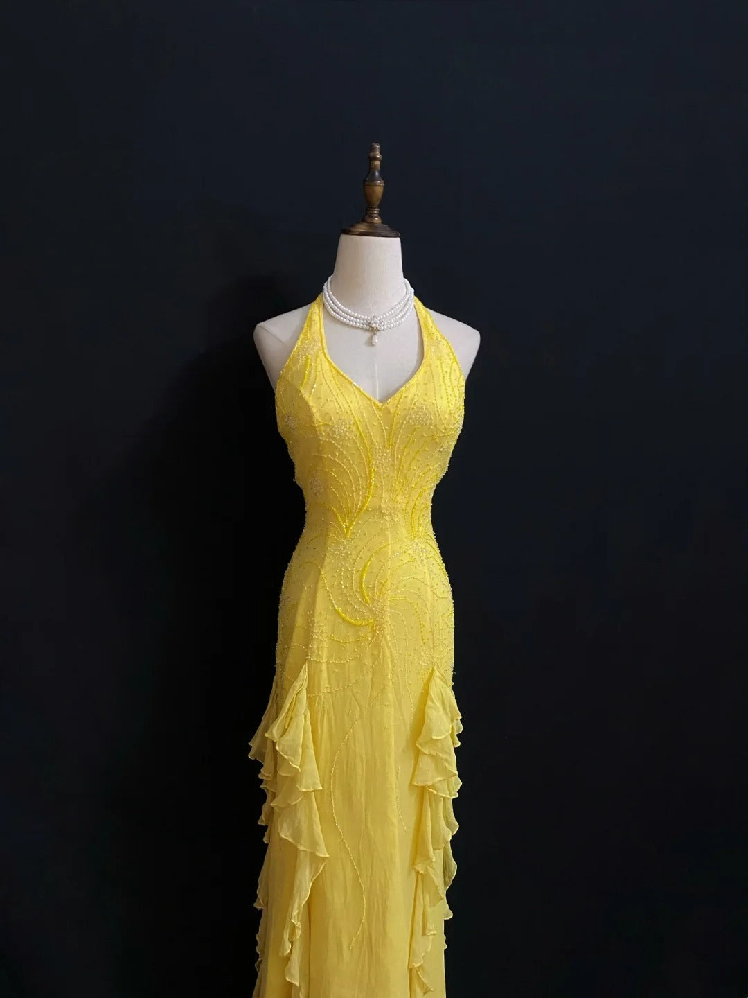 Vintage 80s Mermaid Halter Yellow Backless Chiffon Long Prom Dresses Formal Outfits Evening Night Dress RB7970