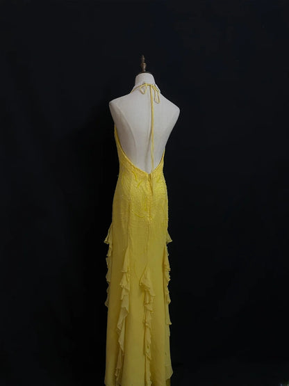 Vintage 80s Mermaid Halter Yellow Backless Chiffon Long Prom Dresses Formal Outfits Evening Night Dress RB7970