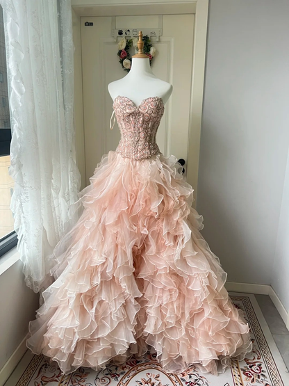 Sweet 16 Quinceanera Dress Ball Gown Sweetheart Pink With Tiered Layers Birthday Party Gown RC0824