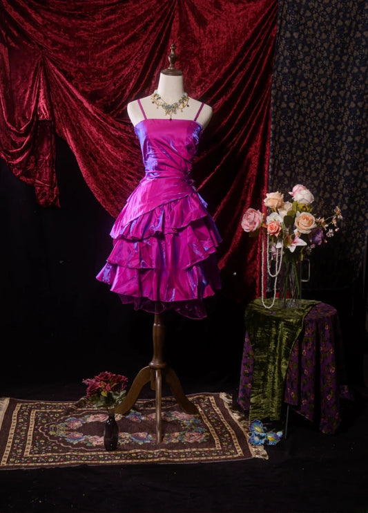 Vintage Ball Gown Spaghetti Straps Fuchsia Short Birthday Dress Homecoming Dresses Inspo Cocktail Hoco Outfits RB8648