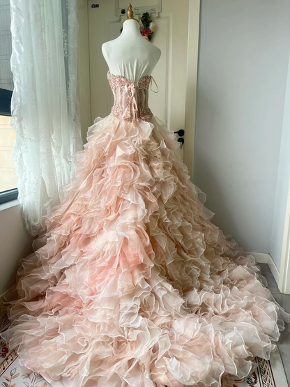 Sweet 16 Quinceanera Dress Ball Gown Sweetheart Pink With Tiered Layers Birthday Party Gown RC0824