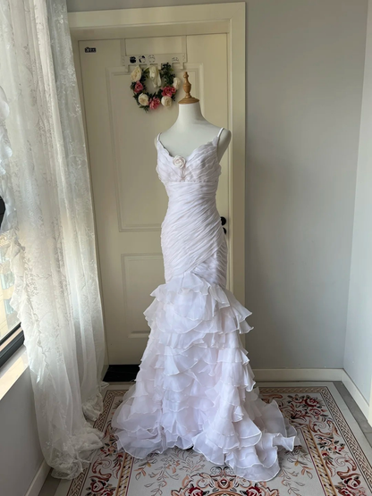 White Wedding Dress Modest Spaghetti Straps Mermaid With Tiered Layers Chiffon Long Bridal Gown RC0830