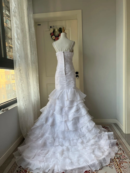 White Wedding Dress Modest Spaghetti Straps Mermaid With Tiered Layers Chiffon Long Bridal Gown RC0830