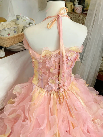 Sweet 16 Dress Ball Gown Halter Pink With Layers Tiered Vestido De 15 Sweet Sixteen Dress RB9589