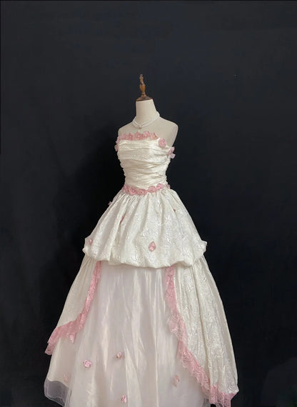Princesses Fairytale Ball Gown Strapless Satin Pink Long With Pearls Flowers Quince Dress Quinceanera Dresses Formal Birthday Outfits RB7976