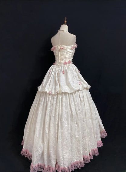 Princesses Fairytale Ball Gown Strapless Satin Pink Long With Pearls Flowers Quince Dress Quinceanera Dresses Formal Birthday Outfits RB7976