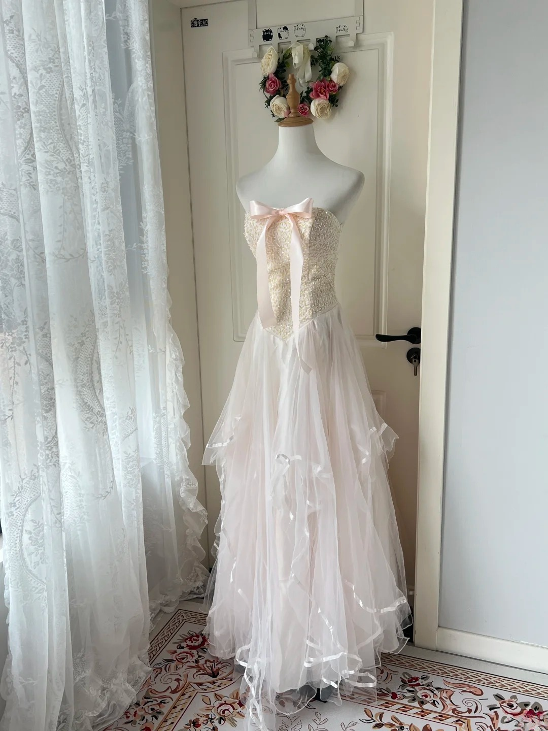 Prom Dress A Line Modest Strapless Long Light Pink Formal Party Gown For Senior Women RC0832