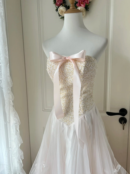 Prom Dress A Line Modest Strapless Long Light Pink Formal Party Gown For Senior Women RC0832