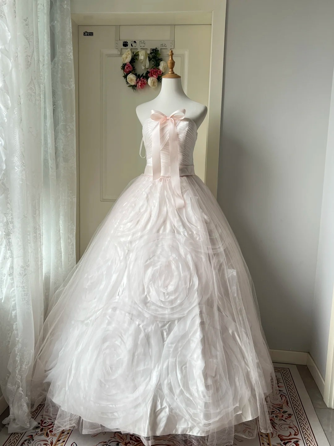 Fairytale Sweet 16 Dress Princess Ball Gown Strapless Light Pink With Flowers Bows Floor‑Length Quinceanera Dresses RC0834
