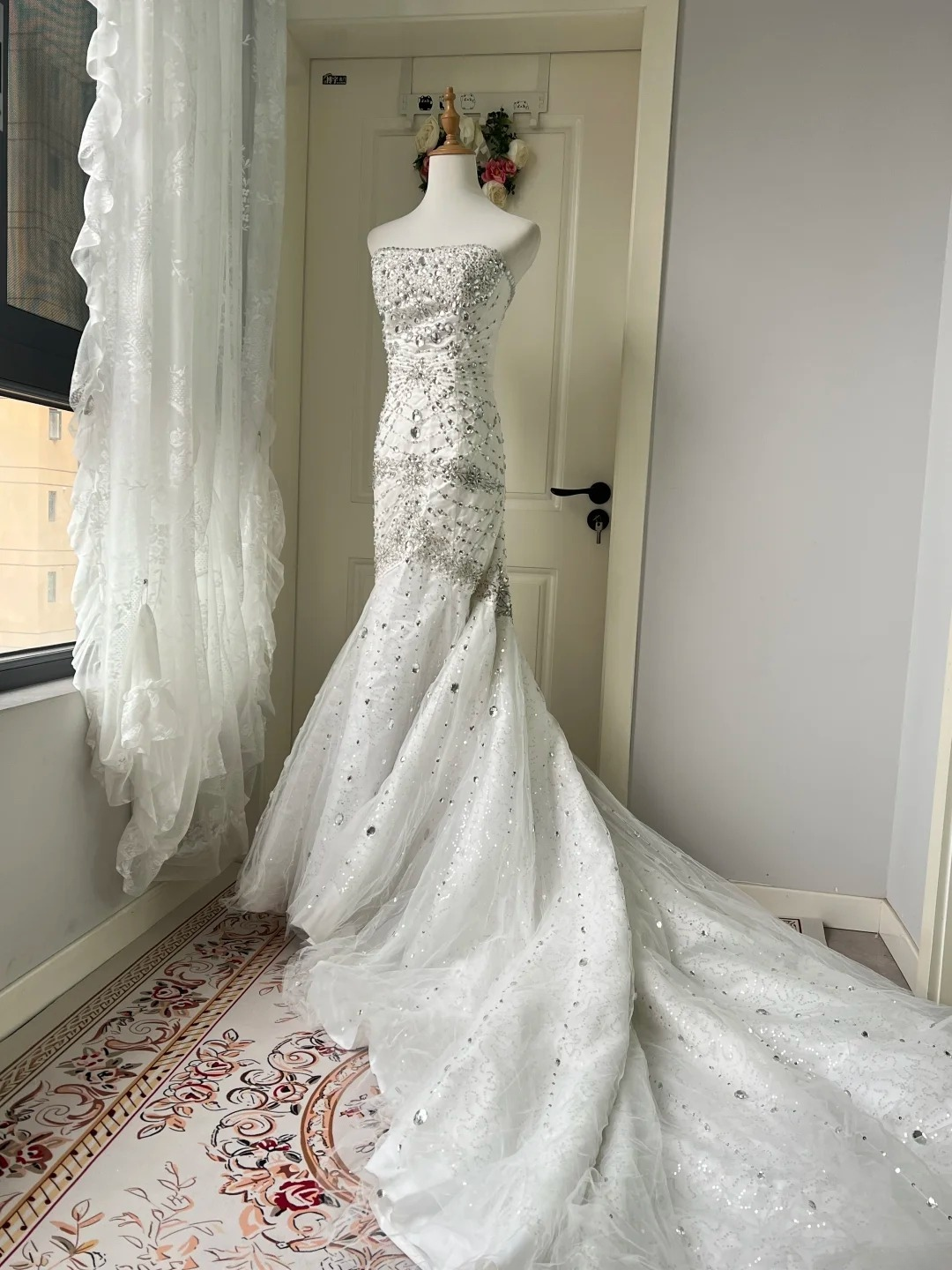 White Wedding Dress Modest Strapless Mermaid With Silver Beading Train Long Bridal Gown RC0835