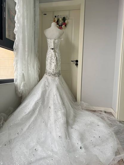 White Wedding Dress Modest Strapless Mermaid With Silver Beading Train Long Bridal Gown RC0835