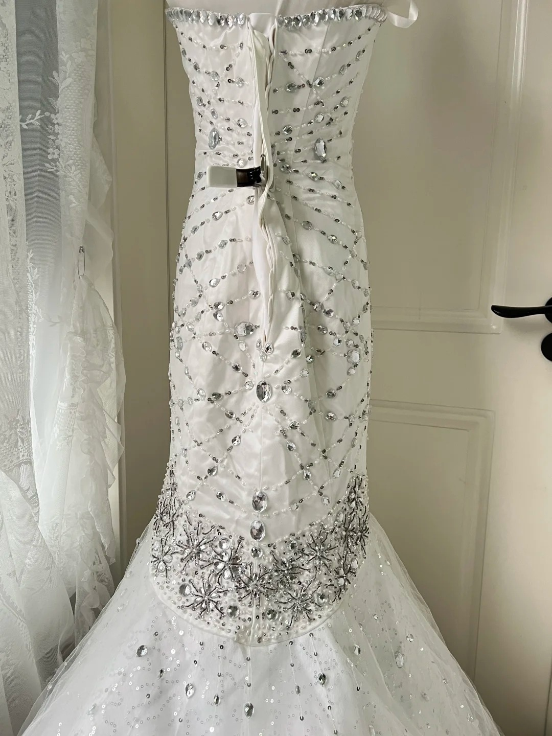 White Wedding Dress Modest Strapless Mermaid With Silver Beading Train Long Bridal Gown RC0835