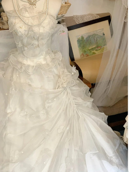 Vintage Wedding Dress White Ball Gown Strapless With Tiered Layers Bridal Gown for Big Day RB9580