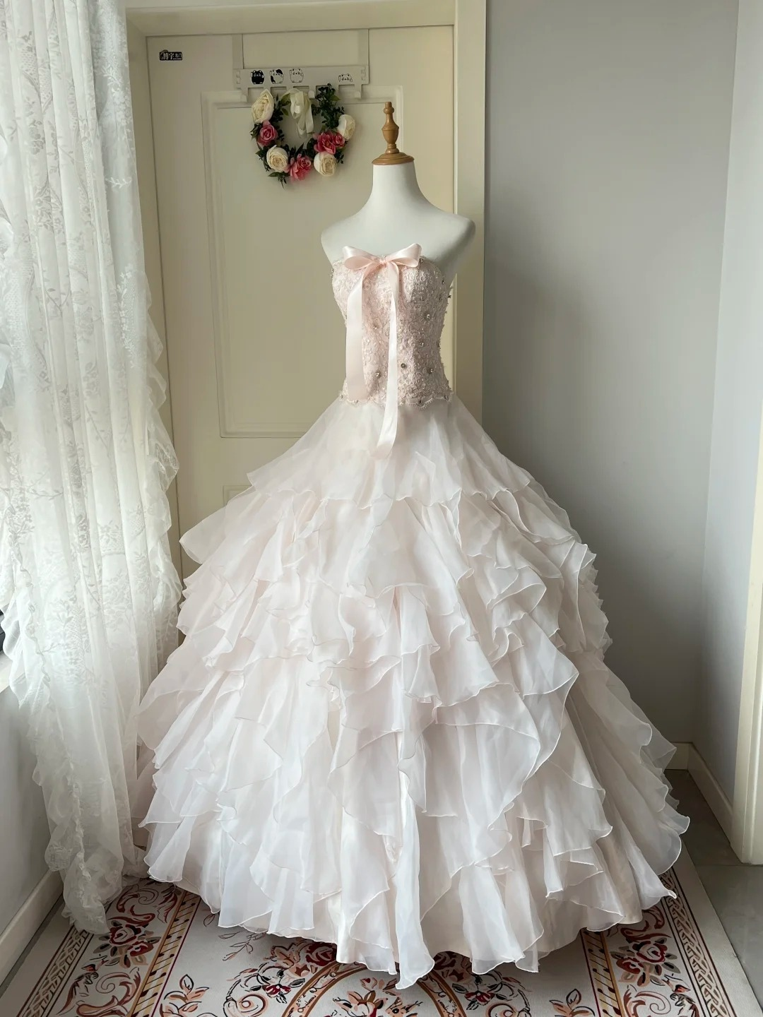 Sweet 16 Quinceanera Dress Ball Gown Strapless Light Pink With Tiered Layers Lace Birthday Party Gown RC0837