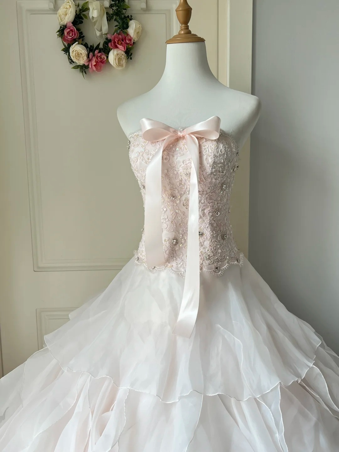 Sweet 16 Quinceanera Dress Ball Gown Strapless Light Pink With Tiered Layers Lace Birthday Party Gown RC0837
