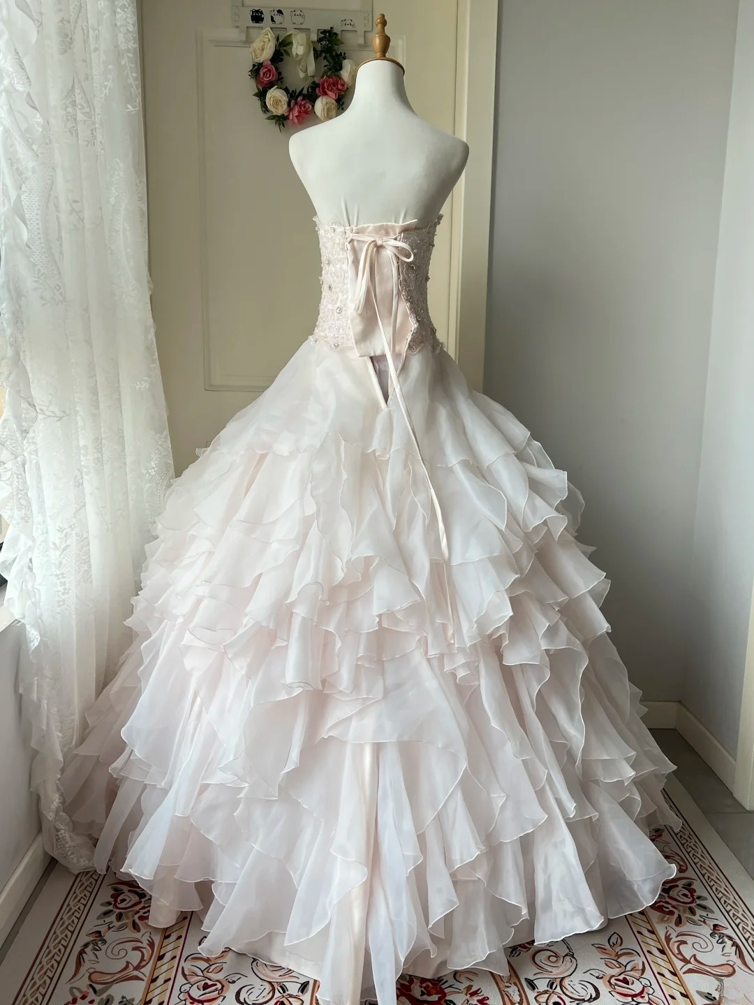 Sweet 16 Quinceanera Dress Ball Gown Strapless Light Pink With Tiered Layers Lace Birthday Party Gown RC0837