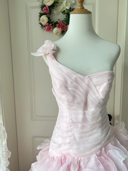 Prom Dress Modest One Shoulder Mermaid Long Pink Formal Party Gown Tiered Layers For Senior Women RC0840