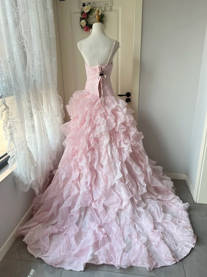 Prom Dress Modest One Shoulder Mermaid Long Pink Formal Party Gown Tiered Layers For Senior Women RC0840