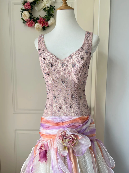 Prom Dress Modest V Neck Mermaid Long Pink Formal Party Gown Ruffled For Senior Women RC0841