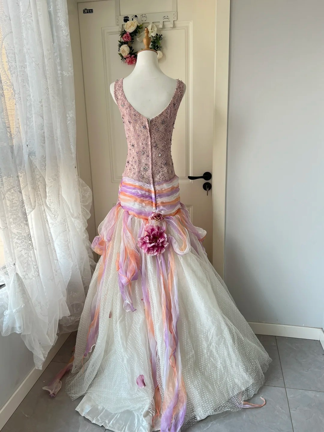 Prom Dress Modest V Neck Mermaid Long Pink Formal Party Gown Ruffled For Senior Women RC0841