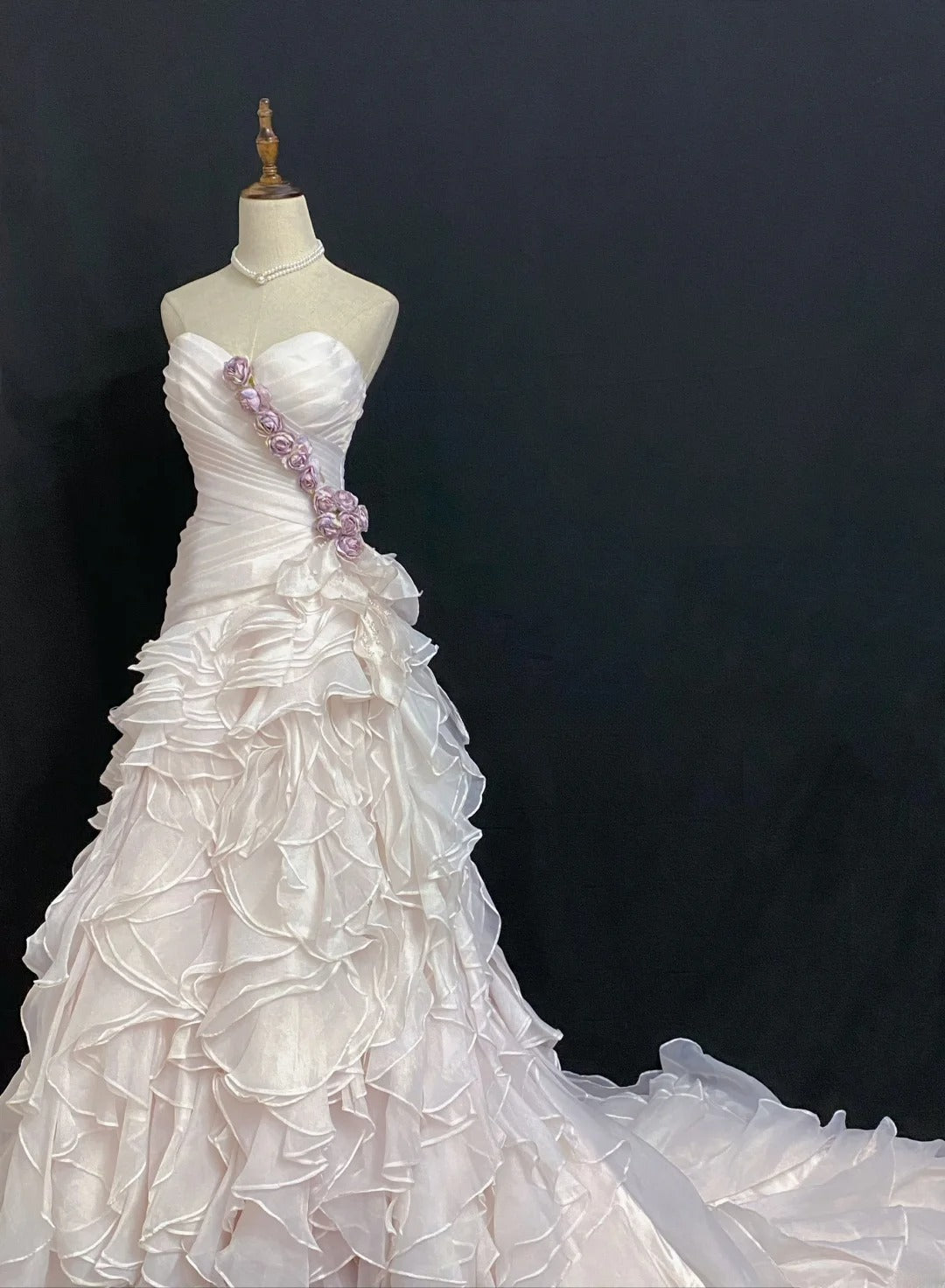 Vintage 80s Mermaid Sweetheart Light Pink Chiffon With Flowers Tiered Brides Gown Bridal Dress Wedding Dresses RB7988