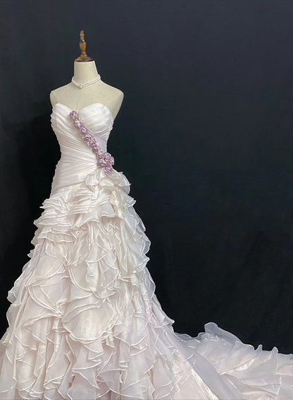 Vintage 80s Mermaid Sweetheart Light Pink Chiffon With Flowers Tiered Brides Gown Bridal Dress Wedding Dresses RB7988