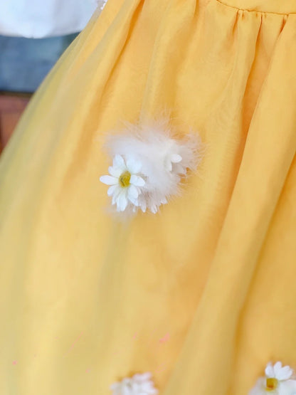 Elegant Ball Gown Spaghetti Straps Yellow With Flowers Prom Dress Floor Length Evening Party Gown RB9593