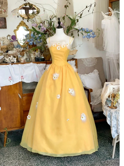 Elegant Ball Gown Spaghetti Straps Yellow With Flowers Prom Dress Floor Length Evening Party Gown RB9593