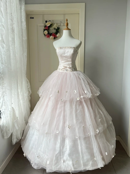 Sweet 16 Quinceanera Dress Ball Gown Strapless Light Pink With Tiered Layers Flowers Birthday Party Gown RC0843