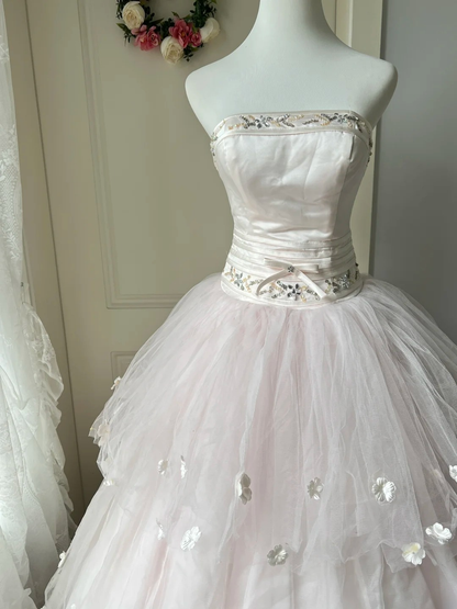 Sweet 16 Quinceanera Dress Ball Gown Strapless Light Pink With Tiered Layers Flowers Birthday Party Gown RC0843