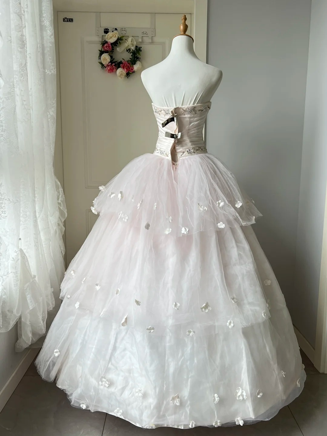 Sweet 16 Quinceanera Dress Ball Gown Strapless Light Pink With Tiered Layers Flowers Birthday Party Gown RC0843