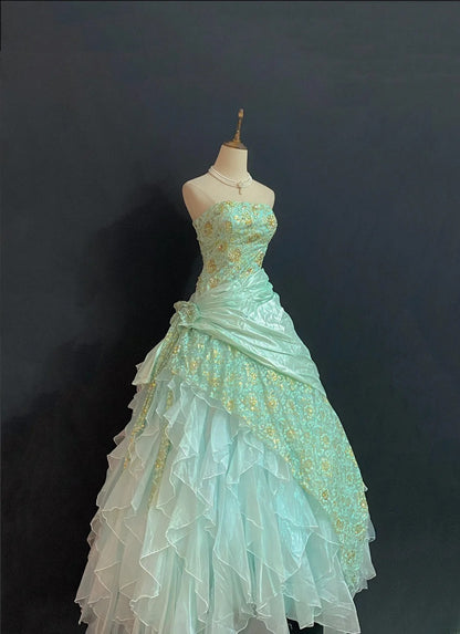 Princesses Fairytale Ball Gown Strapless Green Chiffon With Tiered Ruffled Quince Dress Quinceanera Dresses 17th Birthday Outfit RB7990